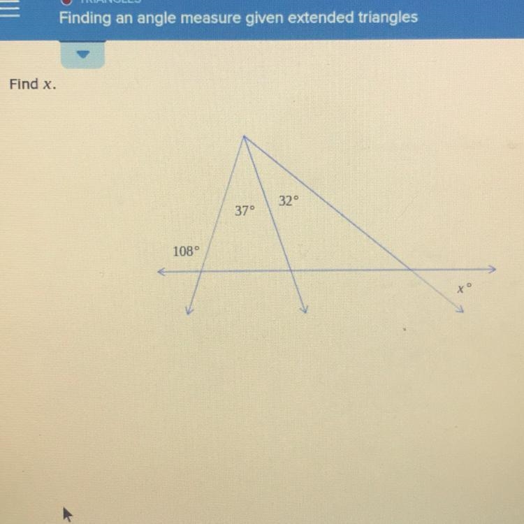 Somebody please help me ? Find an angle measure given extended triangles.-example-1