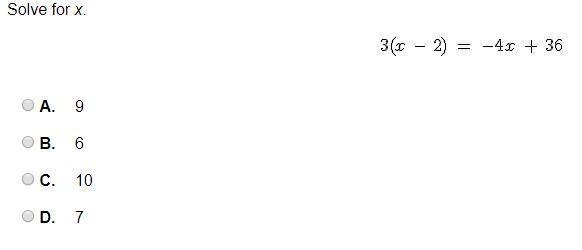 Solve for x. 3(x-2) = -4x + 36-example-1