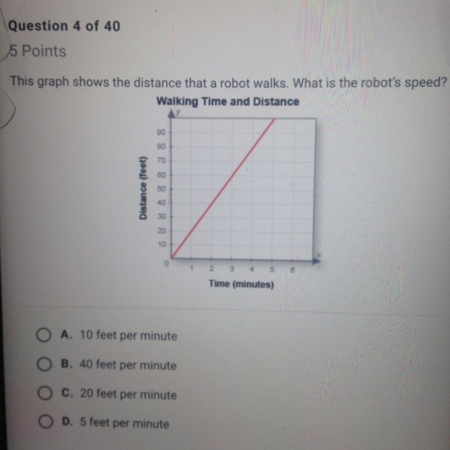 The graph shows the distance that a robot walks. What is the robots speed? A. 10 feet-example-1