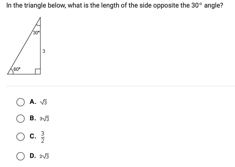 In the triangle below, what is the length of the side opposite the 30 degree angle-example-1