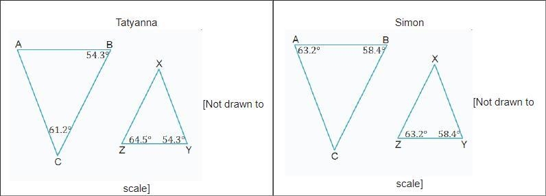 Four students were asked to label angles in pairs of triangles. Their drawings are-example-1