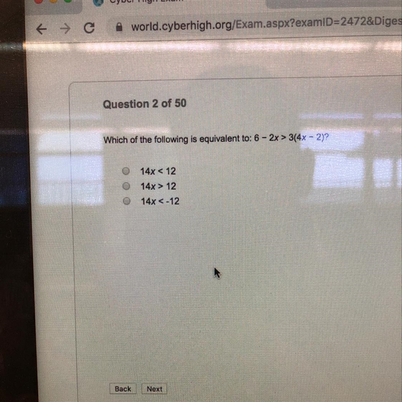 Which of the following is equivalent to: 6 - 2x > 3(4x - 2)?-example-1