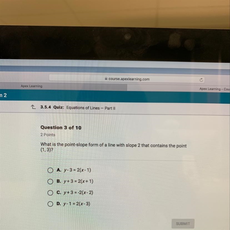 What is the point slope form of a line with slope 2 that contains the point (1,3)-example-1