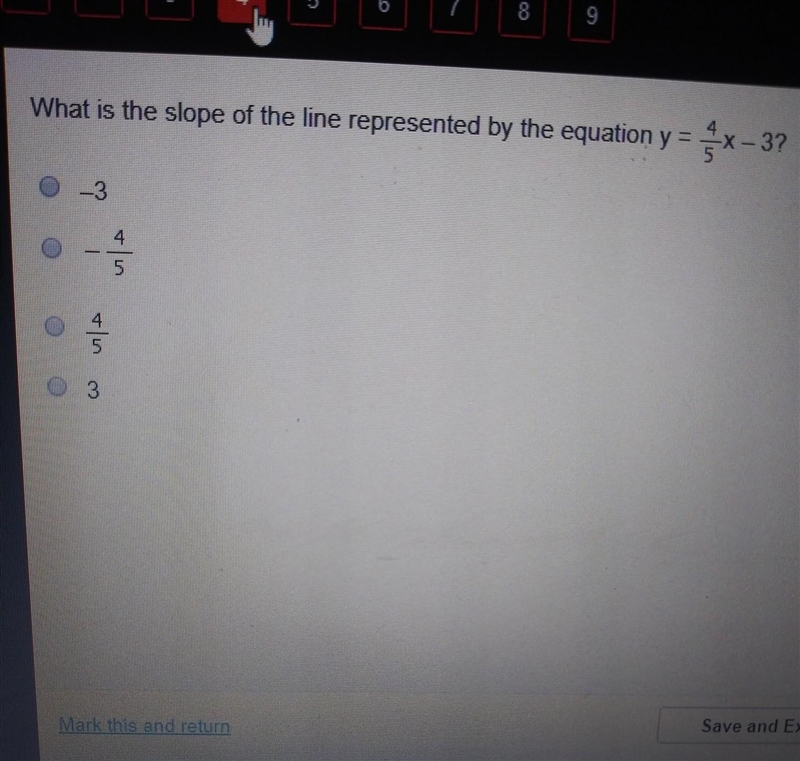 What is the slope of the line represented by the equation y=4\5x-3 ​-example-1