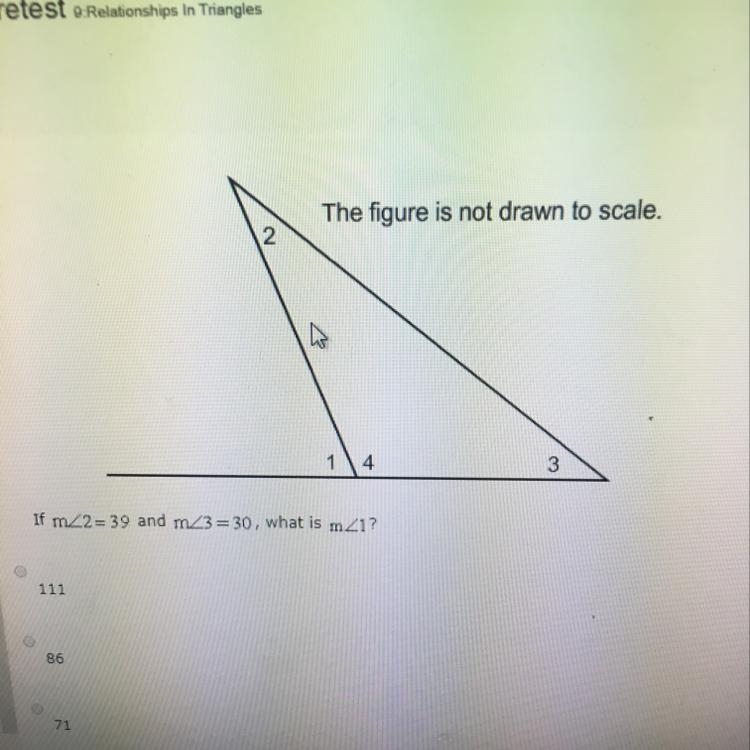 The figure is not drawn to scale. If m<2=39 and m<3=30, what is m<1? A)111 B-example-1