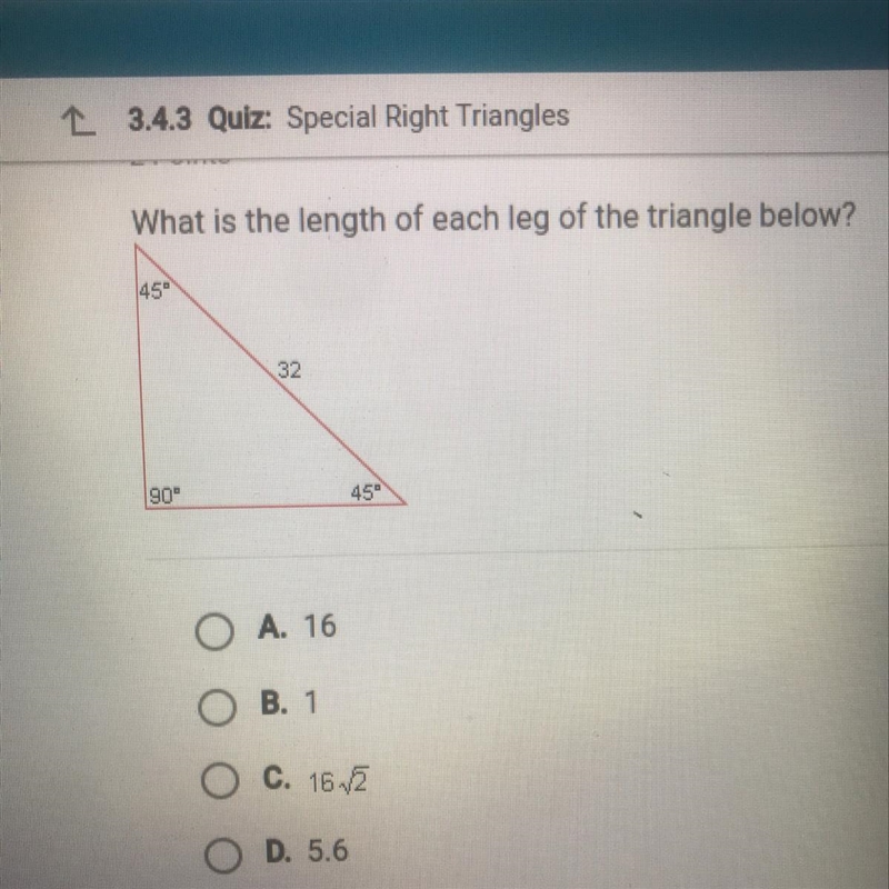 HELPP QUICKLYY!! What is the length of each leg of the triangle below?-example-1