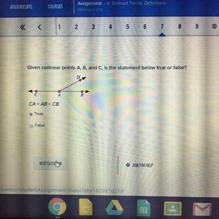 Given collinear points A, B, and C, is the statement below true or false? CA + AB-example-1