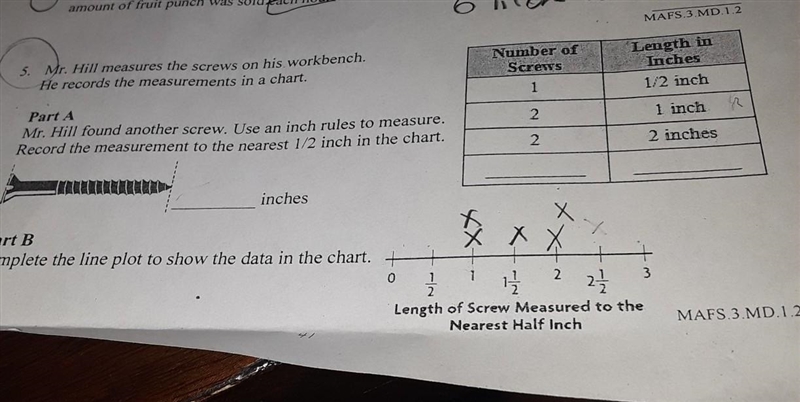 mr. Hill measures the screws on his workbench he records the measurements in the chart-example-1