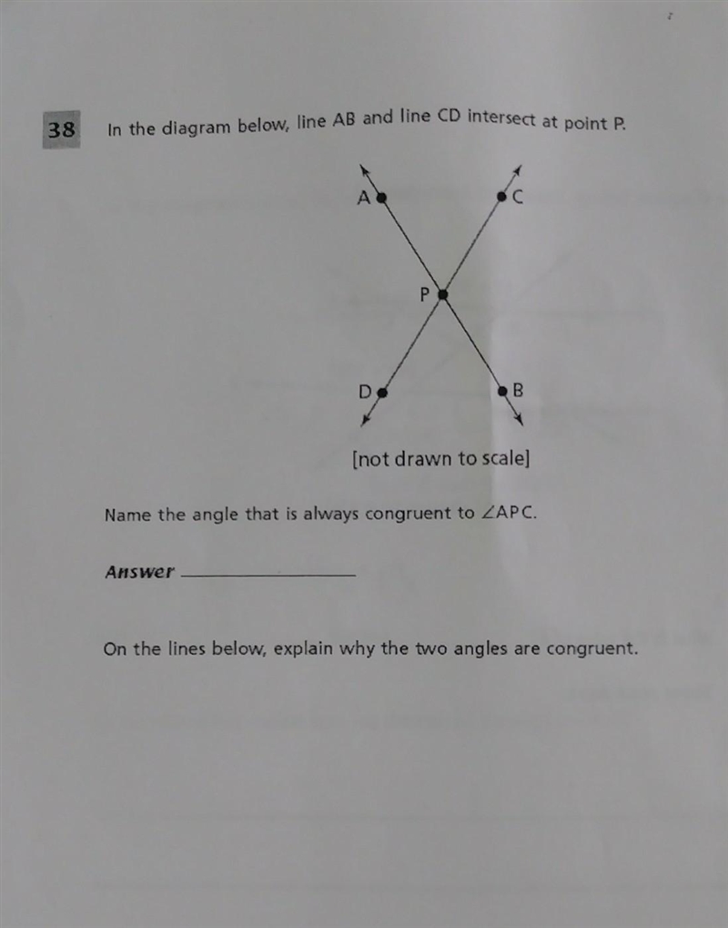 In the diagram below, line AB and line CD intersect at point P. Name the angle that-example-1