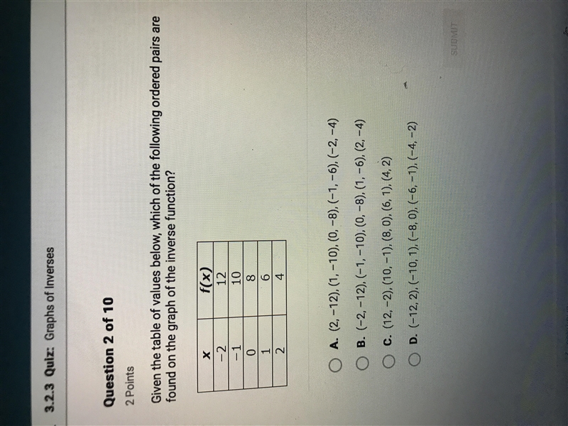 Given the the table of values below which of the following ordered pairs are found-example-1