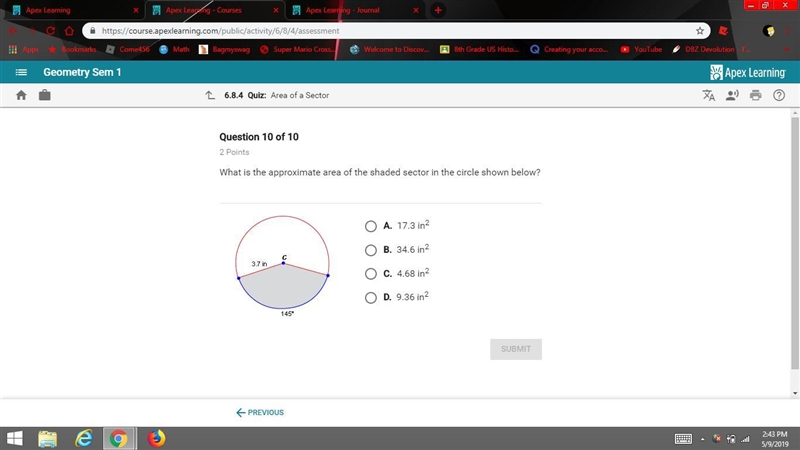 What is the approximate area of the shaded sector in the circle shown below?-example-1