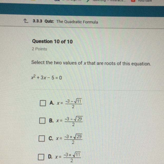 Select the two values of x that are roots of this equation-example-1