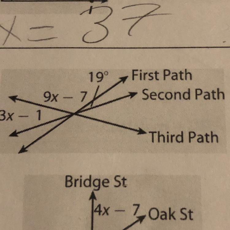 The walking paths at a park meet eachother as shown. What is the measure of the angle-example-1