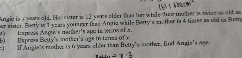 Angie is x years old. Her sister is 12 years older than her while their mother is-example-1