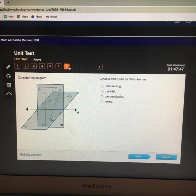 Consider the diagram. Lines e and c can be described as intersecting. parallel. perpendicular-example-1