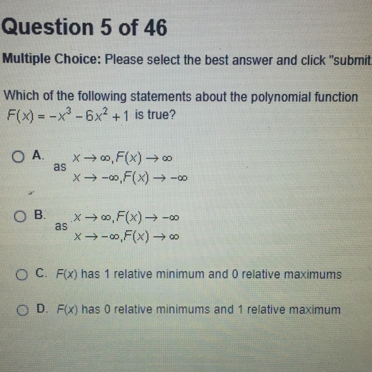 Which of the following statements about the polynomial function F(x)=-x^3-6x^2+1-example-1