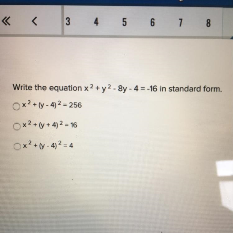 Write the equation x^2 + y^2 - 8y - 4 = -16 in standard form.-example-1