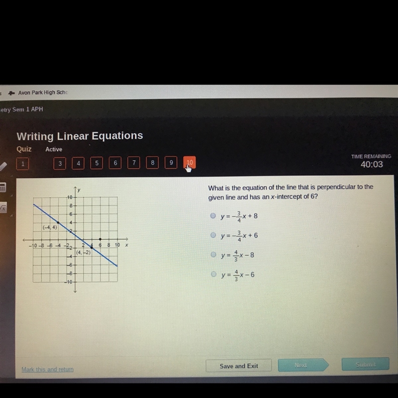 What is the equation of the line that is perpendicular to the give line and has an-example-1