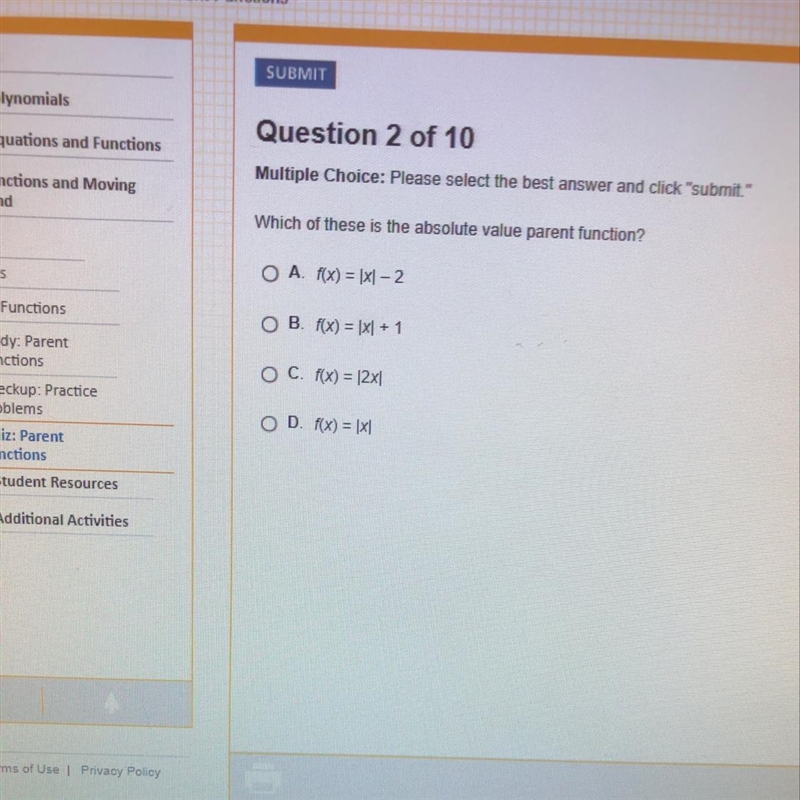 Which of these is the absolute value parent function-example-1