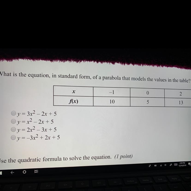 What is the equation, in standard form, of a parabola that models the values in the-example-1