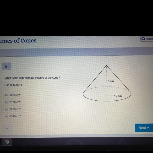 What is the approximate volume of the cone ?-example-1