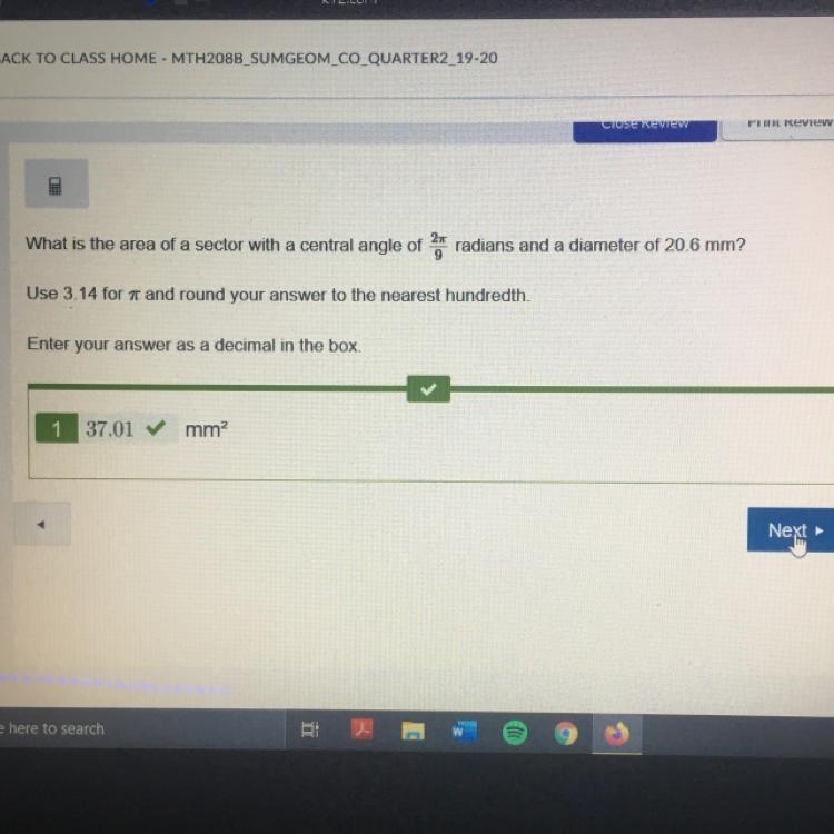 What is the area of a sector with a central angle of 2π/9 radians and a diameter of-example-1