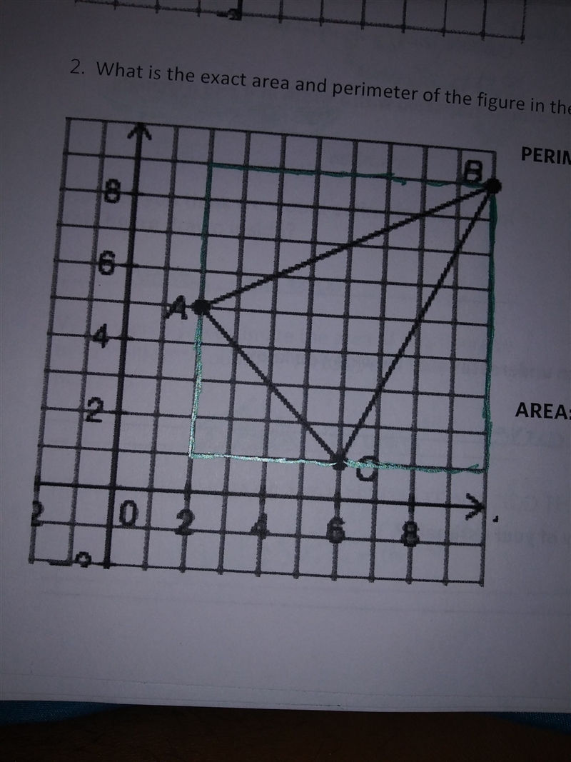 What is thr exact perimeter and are of the figure in the coordinate plane?-example-1