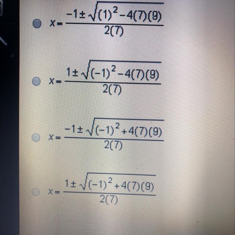 Which equation shows the quadratic function used to solve 7x^2=9+x for x?-example-1