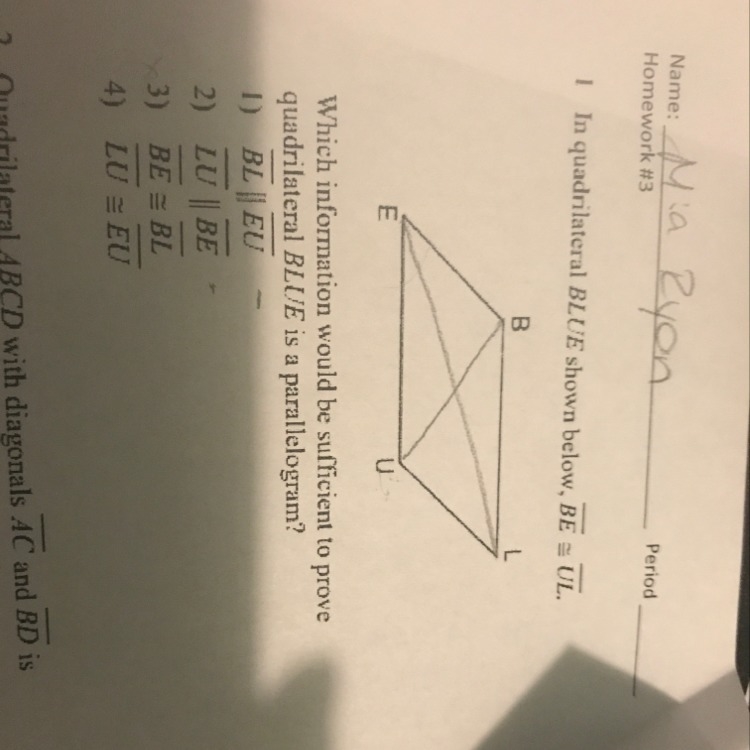 Which information would be sufficient to prove quadrilateral BLUE is a parallelogram-example-1