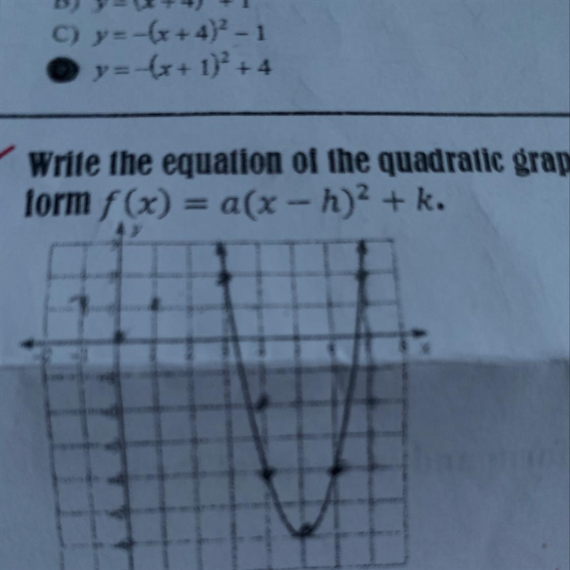 Write the equation of the quadratic graph in the form f(X)= a(x-h)^2+k-example-1