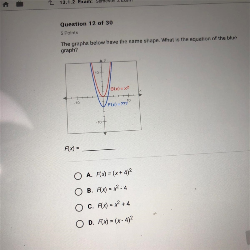 The graphs below have the same shape. What is the equation of the blue graph?-example-1