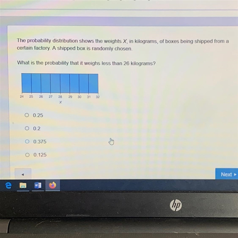 What is the probability that it weights less than 26 kilograms?-example-1