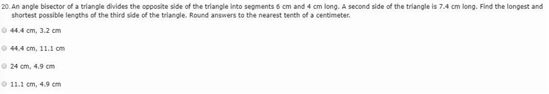 An angle bisector of a triangle divides the opposite side of the triangle into segments-example-1