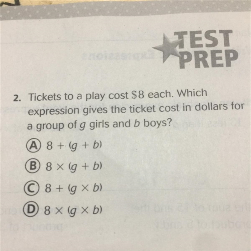 Tickets to a play cost $8 each. Which expression gives th ticket cost in dollars for-example-1