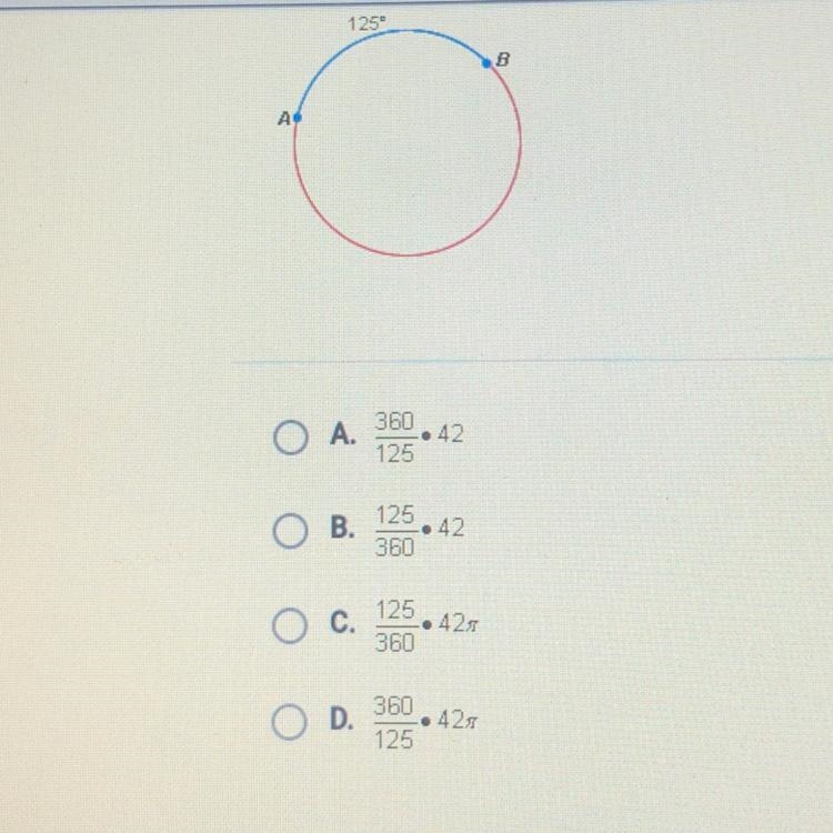 The circumference of the circle shown below is 42 centimeters. Which expression gives-example-1