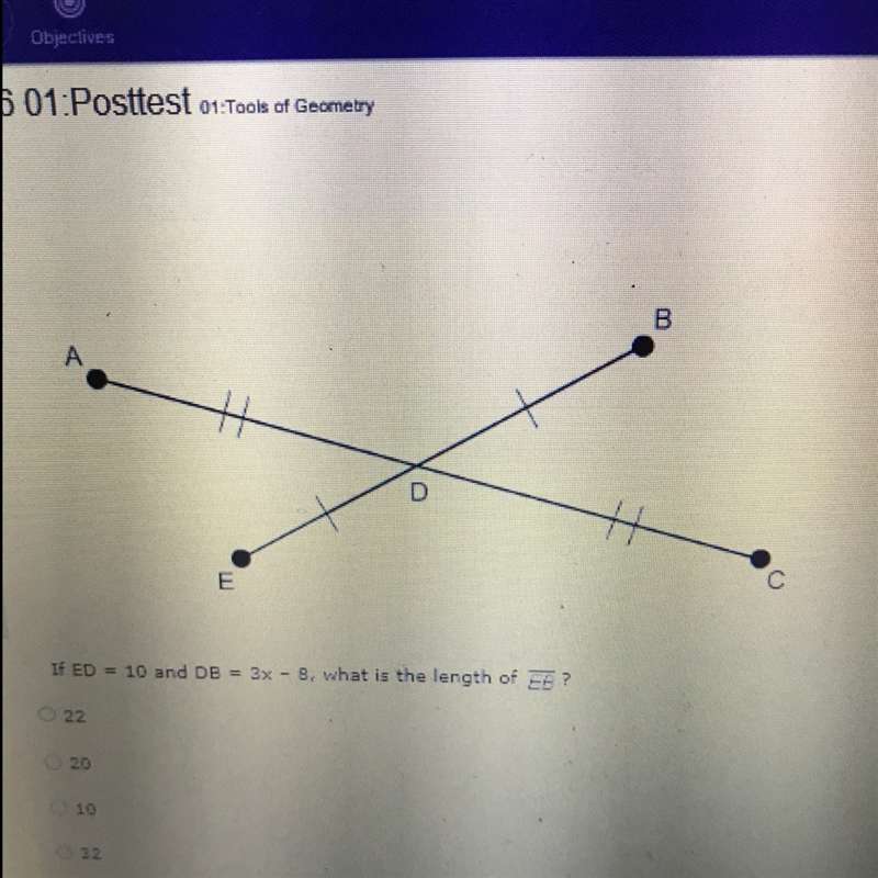 If ED = 10 and DB = 3x -8, what is the length of EB-example-1