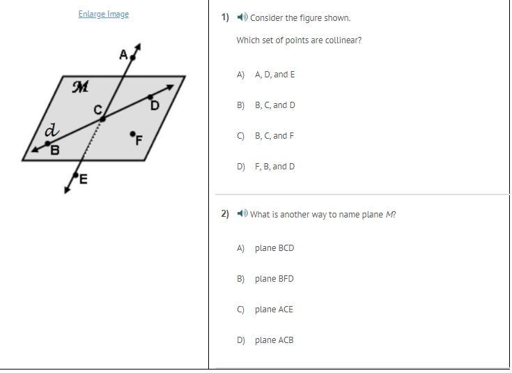 30 points! Consider the figure shown. Which set of points are collinear? A) A, D, and-example-1