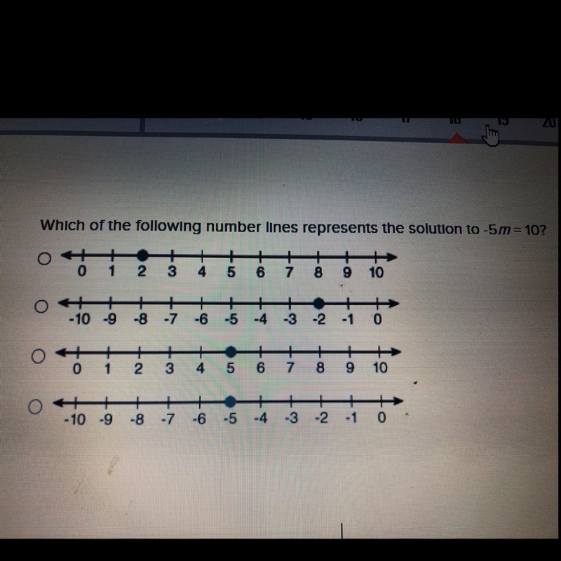 Which of the following number lines represents the solution to -5m=10-example-1