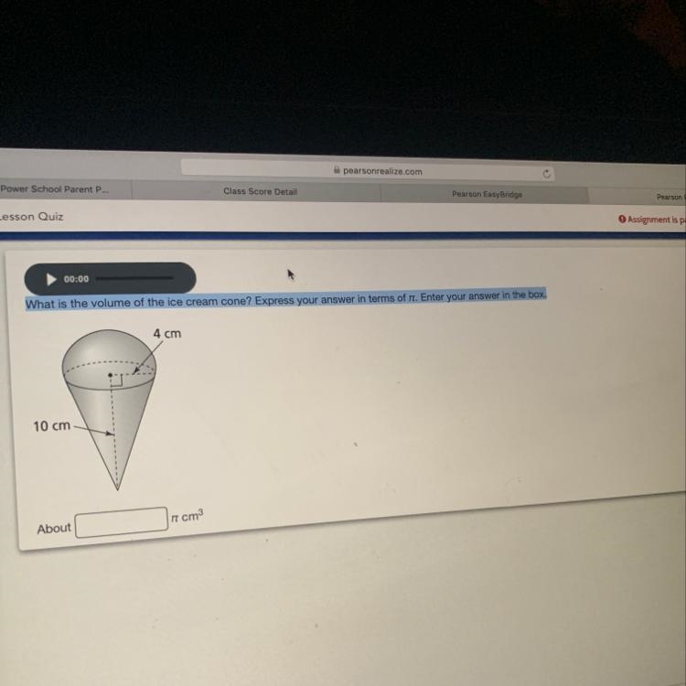 What is the volume of the ice cream cone? Express your answer in terms of pi.-example-1