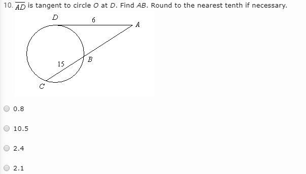 AD is tangent to circle O at D. Find AB. Round to the nearest tenth if necessary. Thank-example-1