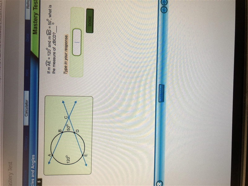 If m AE = 120, and m BD = 50, what is the measure of BCD?-example-1