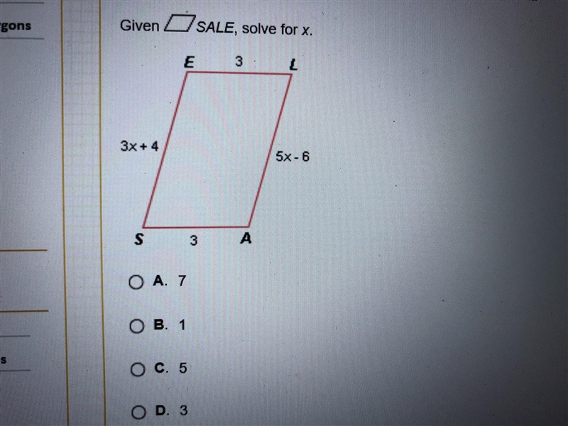 Given Parallelogram SALE, solve for x.-example-1