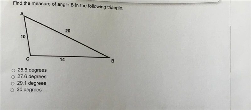 Find the measure of angle B in the following triangle-example-1