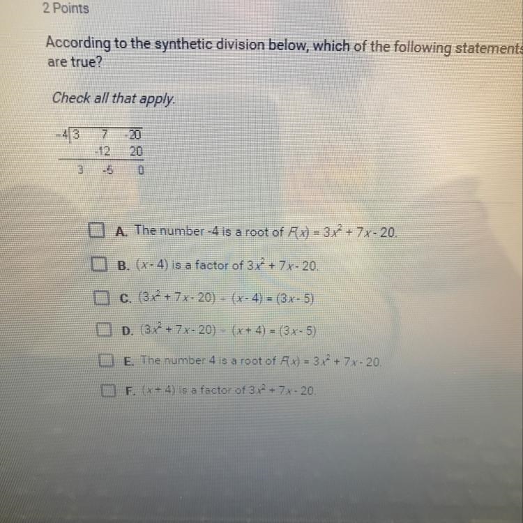 According to the synthetic division below which of the following statements is true-example-1