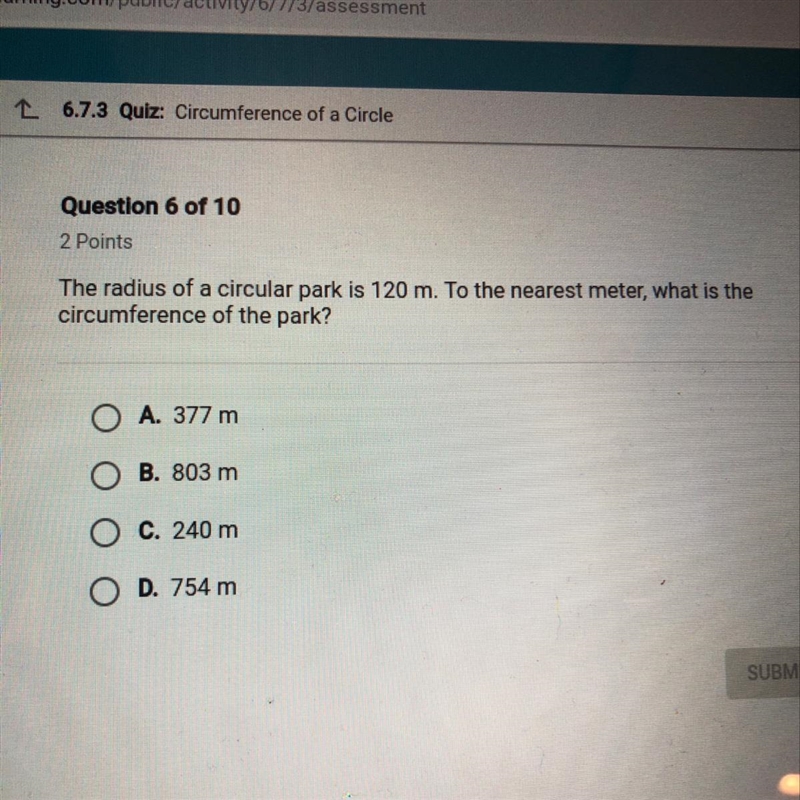 The radius of a circular park is 120 m to the nearest meter what is the circumference-example-1