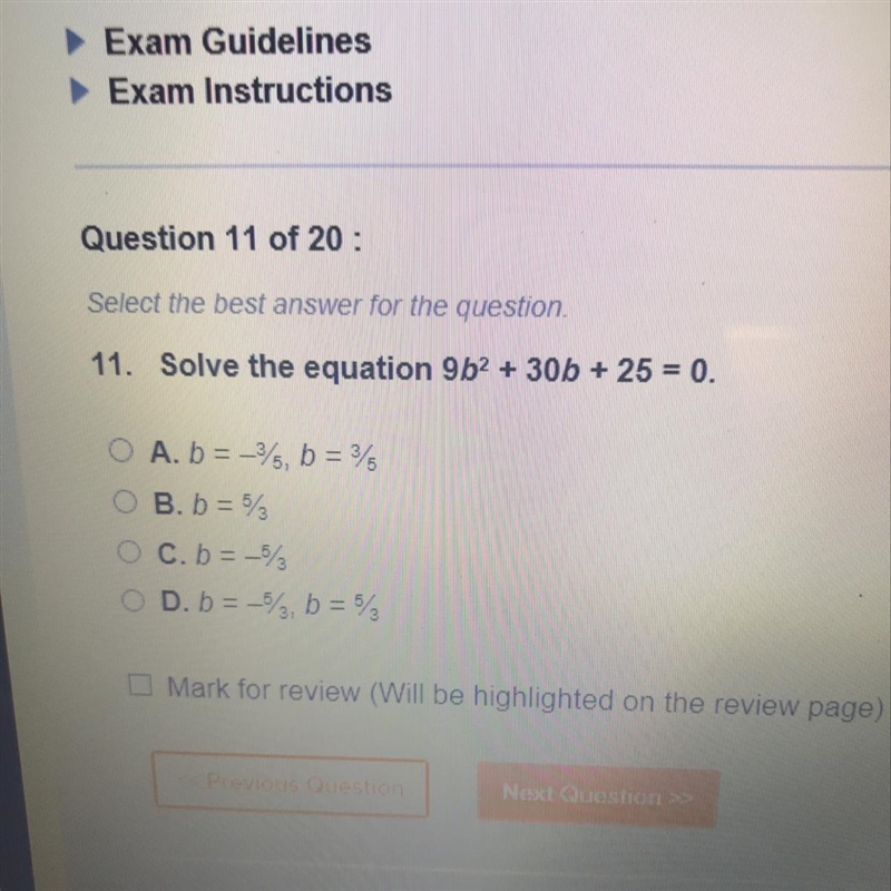 Solve the equation 9b2 + 30b + 25 =0-example-1