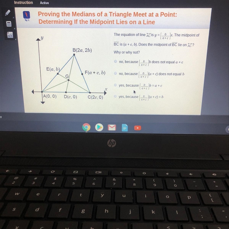 The equation of line AG is y=_b_x. The midpoint of B(2a, 2b) BC is (a + c, b). Does-example-1