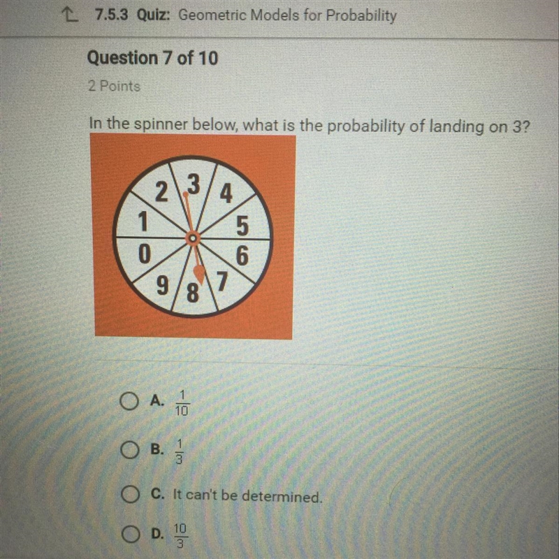 In the spinner below, what is the probability of landing on 3?-example-1