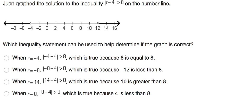 Juan graphed the solution to the inequality |r-4| > 8 on the number line.-example-1