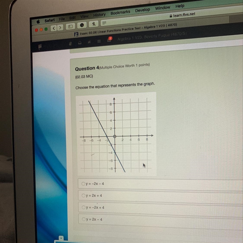 Choose the equation that represents the graph. -B -6 -4 -2 2 4 6 8 + + + Oy=-2x - 4 y-example-1